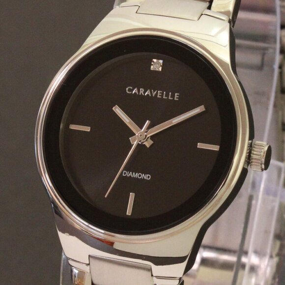 Caravelle Ladies Watch By Bulova Black Dial Diamond 12:00 Stainless 30mm